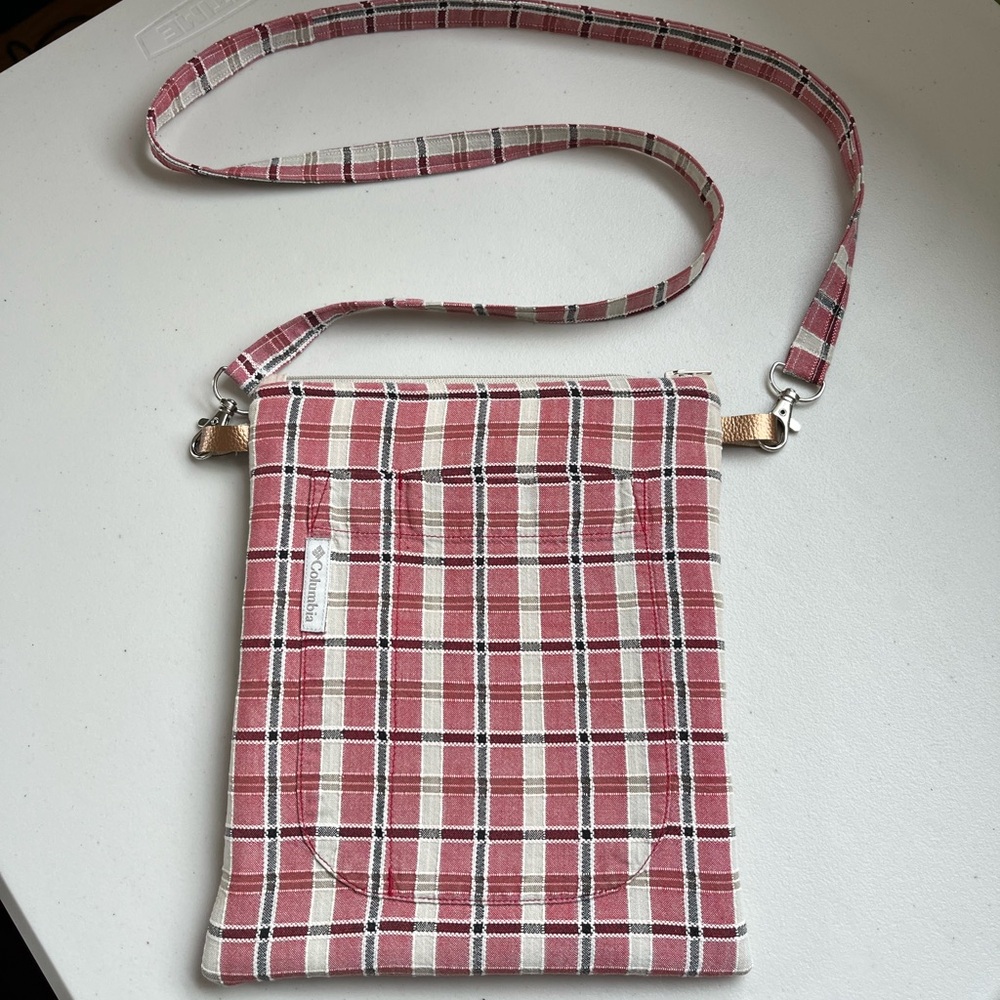 Handmade One Of A Kind Brick & Tan Plaid Pocket Upycled Fabric Crossbody Bag